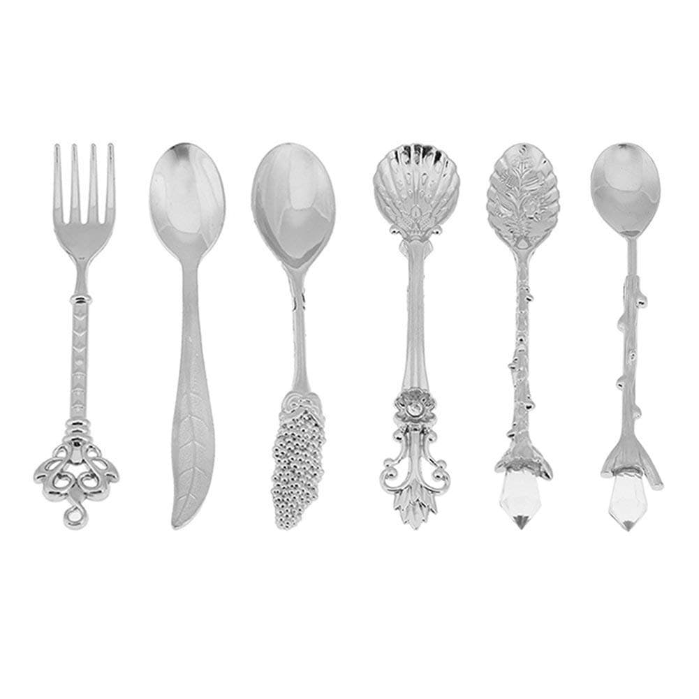Aoxintek Set of 6pcs Tableware Cutlery Kitchen Dining Bar Nostalgic Vintage Royal Style Metal Carved Coffee Spoons and Fork for Sweet Snacks (Silver)