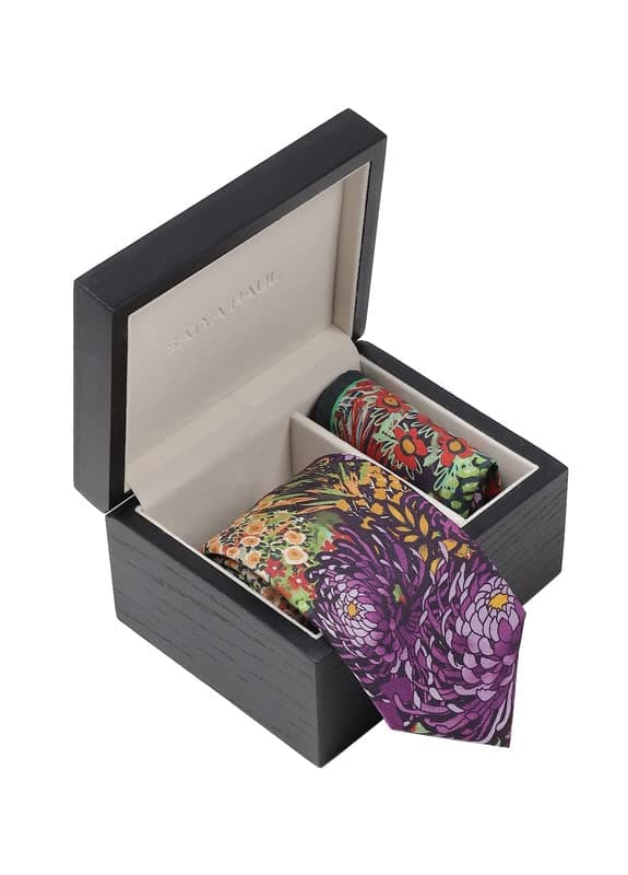 Satya Paul Mauve Green Silk Tie Pocket Square Set for Men