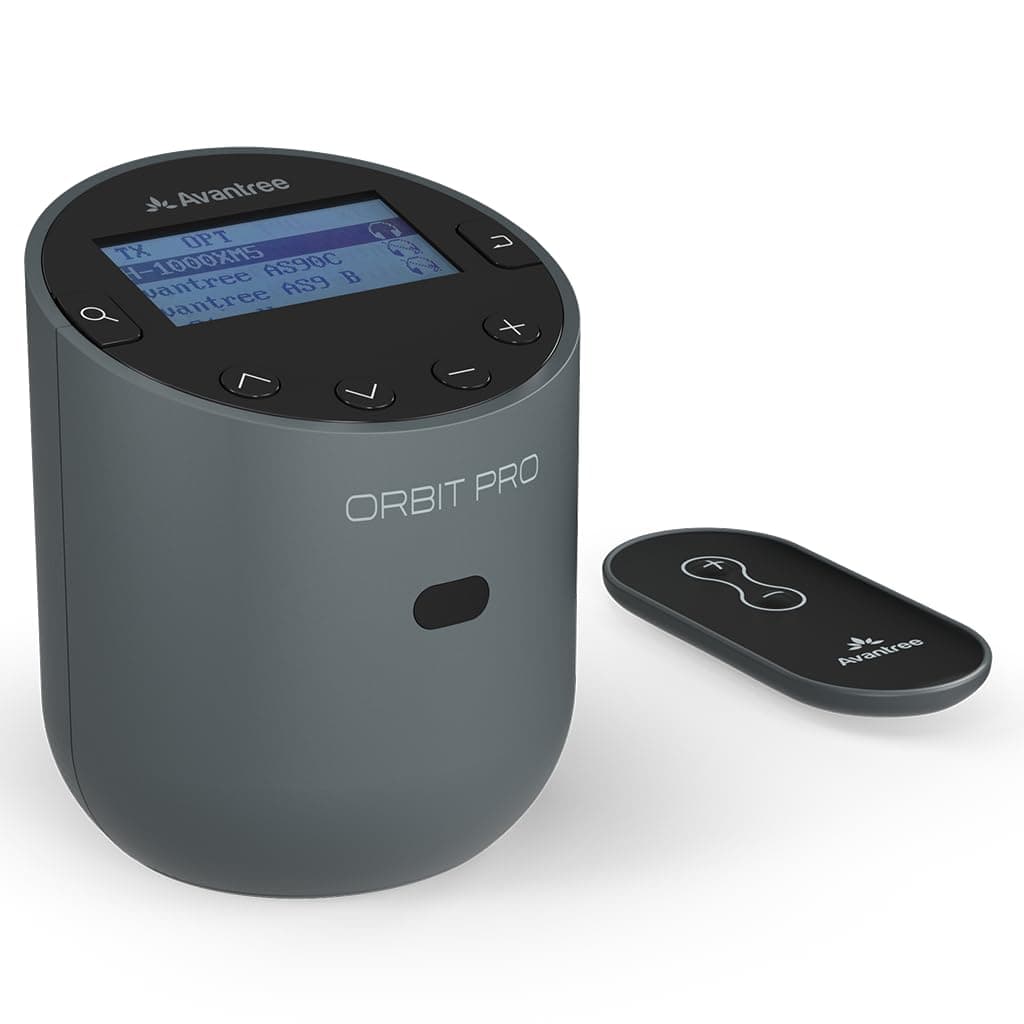 Orbit Pro Bluetooth Transmitter for TV with LCD Display and Remote Control, Compatible with Optical or AUX Audio Output and Smart TVs, Easy Volume Control for Airpods