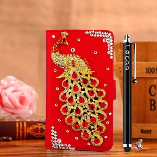 Locaa(TM) Apple IPhone6 IPhone 6 (Only for 4.7") 3D Bling Peacock Case + Phone stylus + Anti-dust ear plug Deluxe Luxury Crystal Pearl Diamond Rhinestone eye-catching Beautiful Leather Retro Support bumper Cover Card Holder Wallet Cases [Peacock Series] Red case - Red peacock
