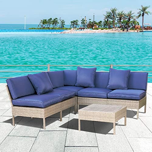 LOKATSE HOME 6 Pieces All-Weather Rattan Patio Sectional Sofa Set Wicker Outdoor Furniture with 3 Pillows Coffee Table, Blue