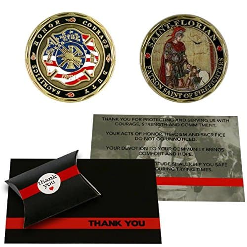 Thin Red Line Firefighter Support Gift Set St. Florian Challenge Coin & Thank You Card - Fireman Gift