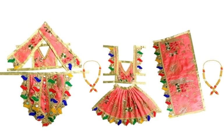 MURLIWALE Combo of Multicolour Handcrafted Lakshmi Ji Ganesh Ji, Vastra/Poshak/Dress, Made of Silk Cloth. Combo of 2 Dress and 2 Mala. Dress Size: Choli 2 Inch + Dhoti/Lehenga 3 Inch.