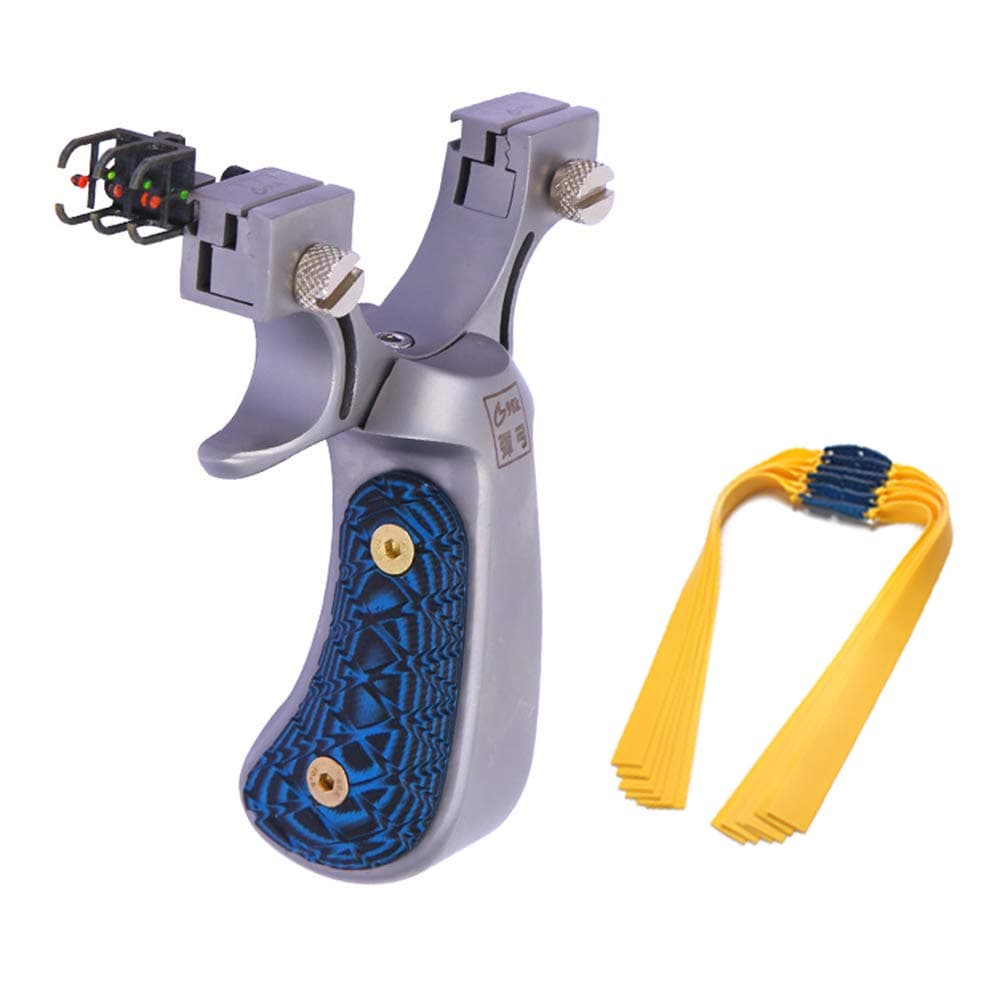 Flat Rubber Band Slingshot Catapult with Adjustable Aiming Points 304 Stainless Steel Accurate Shooting for Small Animals Fishing Hunting Target Outdoor Games with 6 Pcs Rubber Bands SS-05A