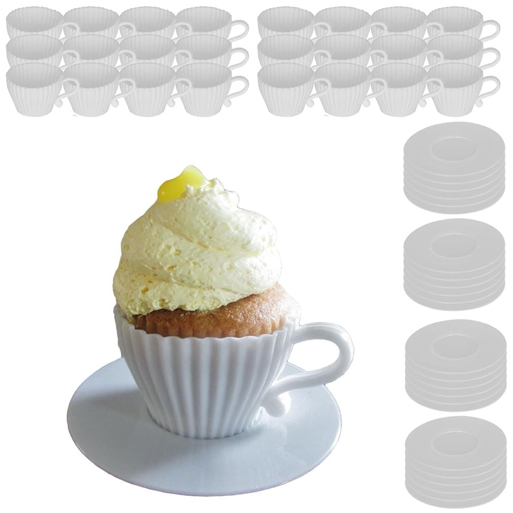 Baking Cupcake Molds - Silicone Teacup Set - 48 Pc Set - Oven-Safe - Nonstick - Muffin Cups for Bridal/Baby Shower, Birthday/Tea Party - 24 Cups & 24 Saucers - BPA Free