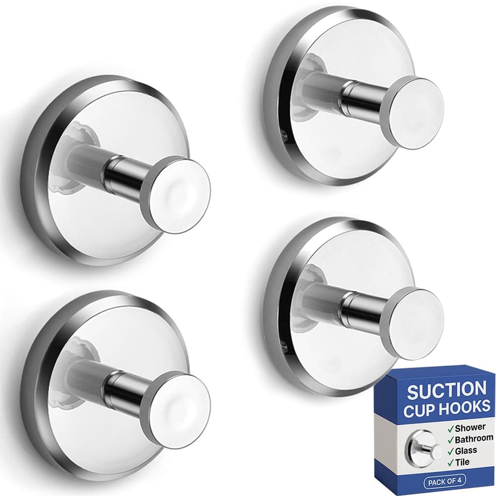 HOME SO Suction Cup Hooks for Shower & Bathroom Towel Holder 4-Pack – Suction Cups Hooks for Hanging Towels, Robes, & Coats - Tiles, Glass Door or Mirror – Shower Hooks & Towel Hooks Organizer -Chrome