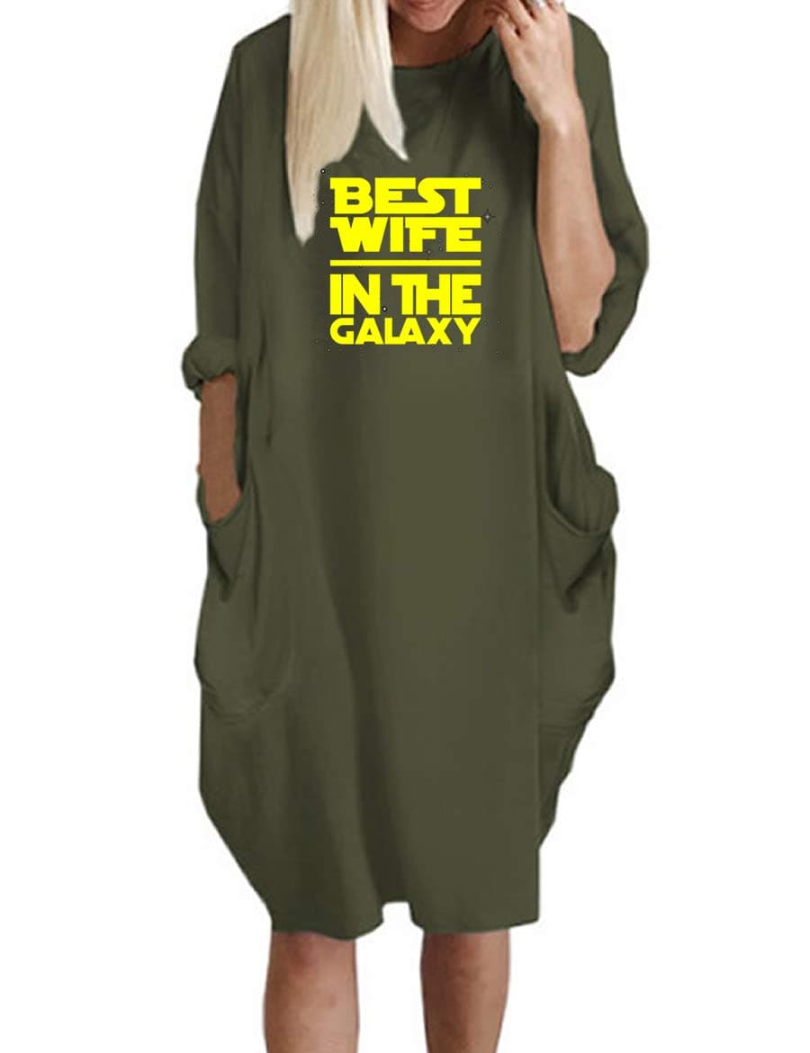 Best Wife In The Galaxy Long Sleeve Oversize T-Shirt Dresses Pockets For Women