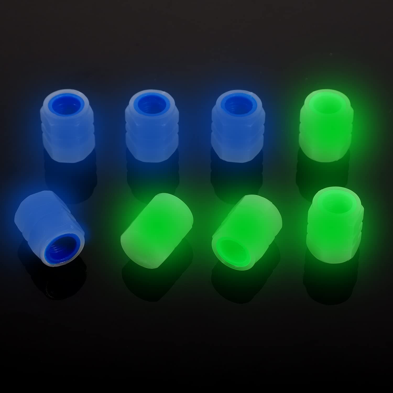 8 PCS Tire Valve Stem Caps, Glowing Tire Air Caps Cover Tire Valve Caps for Car, Truck, SUV, Motorcycles, Bike (Blue + Green)