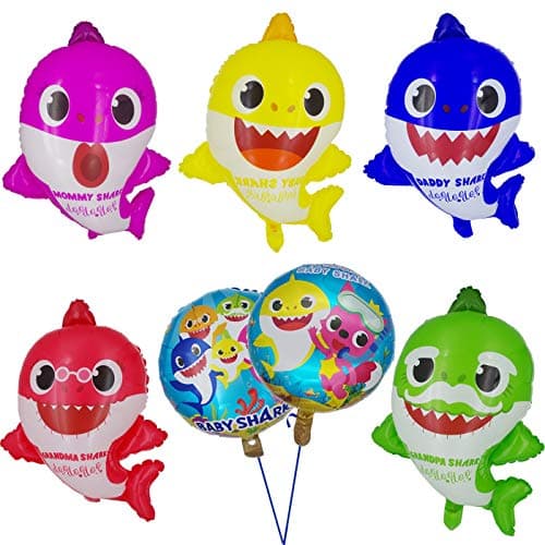 Tuoyi Shark Party Supplies for Baby, 2pcs Shark Duplex Prints Foil Balloons, 5pcs Shark Family Balloons, Shark Birthday Party Decorations