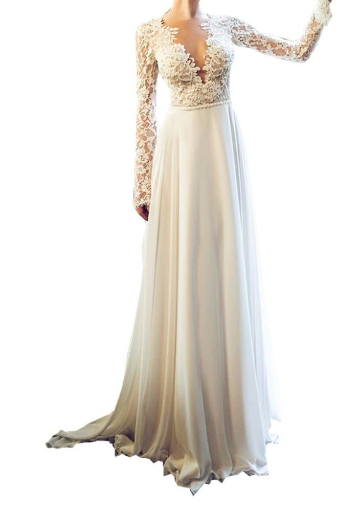 Women's Boho Beach Lace Long Sleeve Backless Chiffon Western Wedding Dress for Bridal 2018 US12 White