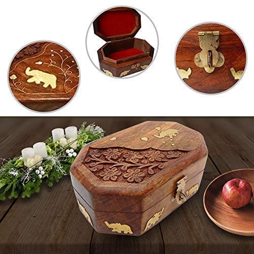 IndiaBigShop Wooden Handmade Gergeous Half Side Elephant Brass Inlay / Carving Work with Velvet Interior Decorative Trinket Jewelry Box Organiser 6 Inch