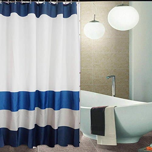JML Fabric Shower Curtain, Mildew Resistant Anti-Bacterial Waterproof Bathroom Shower Curtain Liner,72"x72",White and Blue Stripe