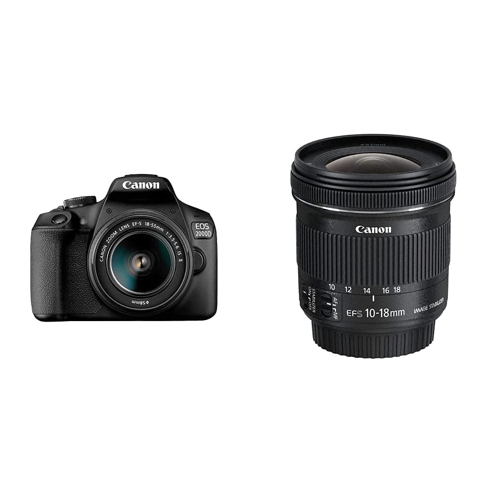 EOS 2000D DSLR Camera and EF-S 18-55 mm f/3.5-5.6 IS II Lens, Black + Canon EF-S10-18mm f/4.5-5.6 IS STM Lens, Black