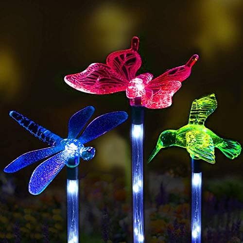 Sooreally Garden Solar Lights Outdoor, 3 Pack Solar Stake Multi Color Changing LED Lights, Fiber Optic Solar Butterfly Hummingbird Dragonfly Decorative Lights for Yard Lawn