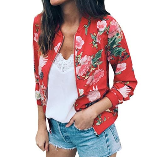 iYBUIA Autumn Womens Ladies Retro Print Floral Zipper Up Bomber Jacket Casual Coat Outwear( Red,L)