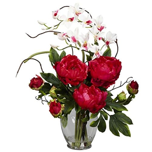 Nearly Natural 1175-RD Peony and Orchid Silk Flower Arrangement, Red by Nearly Natural