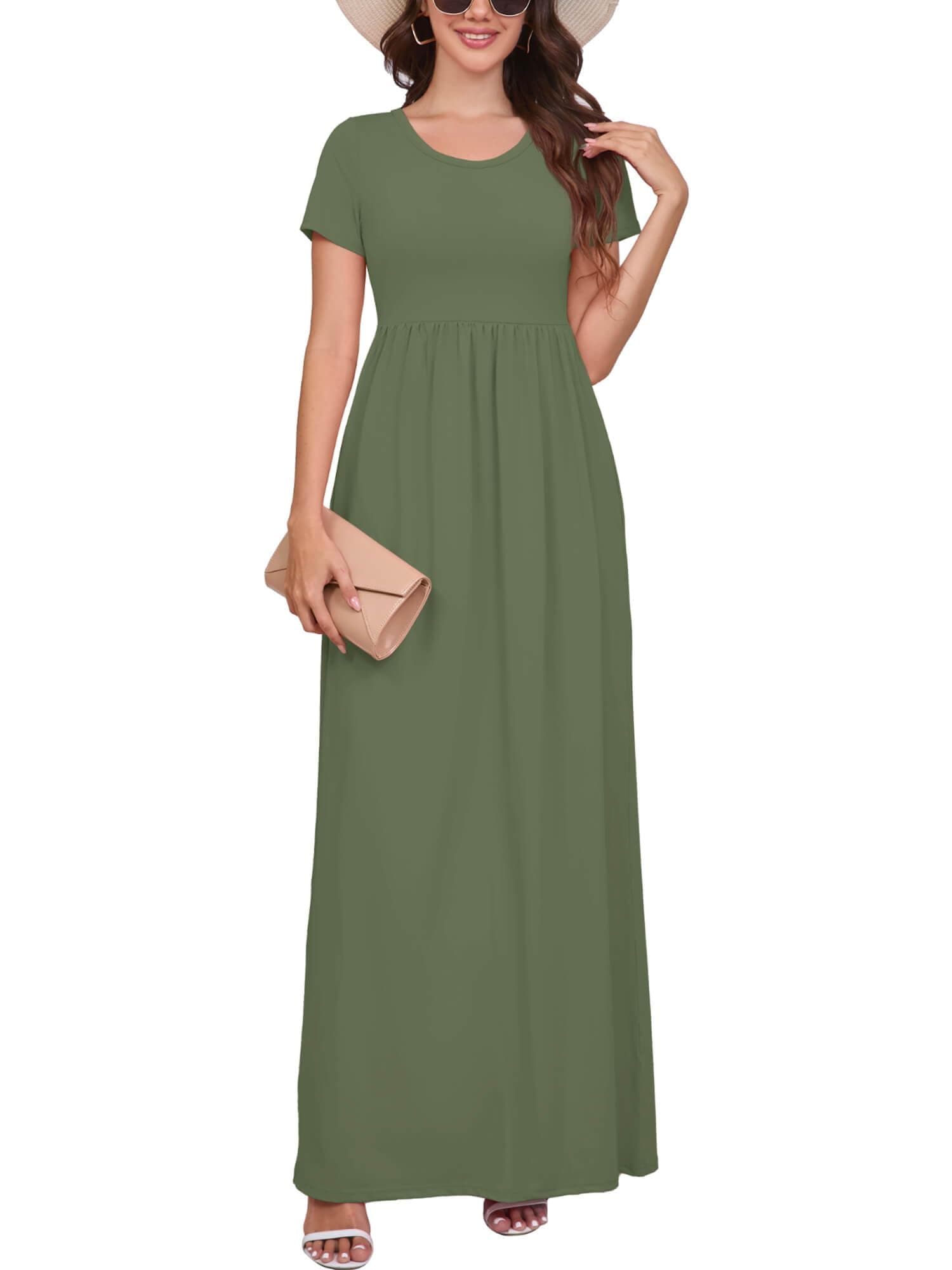 Maxi Dress for Women Short Sleeve Casual Summer Loose Plain Comfy Long Dresses with Pockets