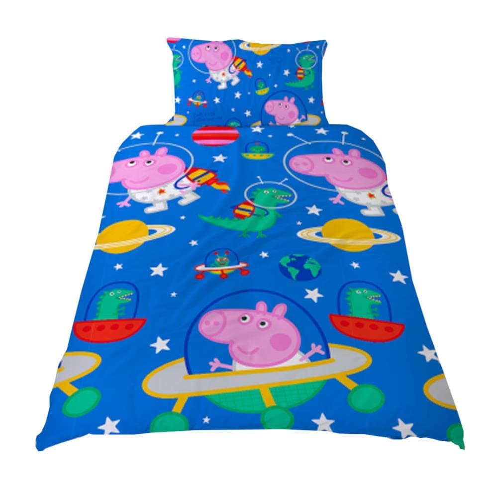 Peppa Pig Peppa Pig & George Pig Single Duvet Cover with Matching Pillow Case – Two Sided Space Planets Design, Microfibre, Blue, 200 x 135 x 5 cm