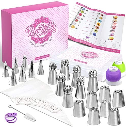 MoNiRo 91 Piece Piping Nozzle Set – Professional Stainless Steel Russian Nozzles Attachments + Silicone Piping Bag, Disposable Piping Bag, Cupcake Decoration Baking Set, Cake Decorating