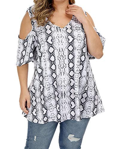 Women's Plus Size Floral Printing Cold Shoulder Tunic Top Short Sleeve V Neck T Shirts