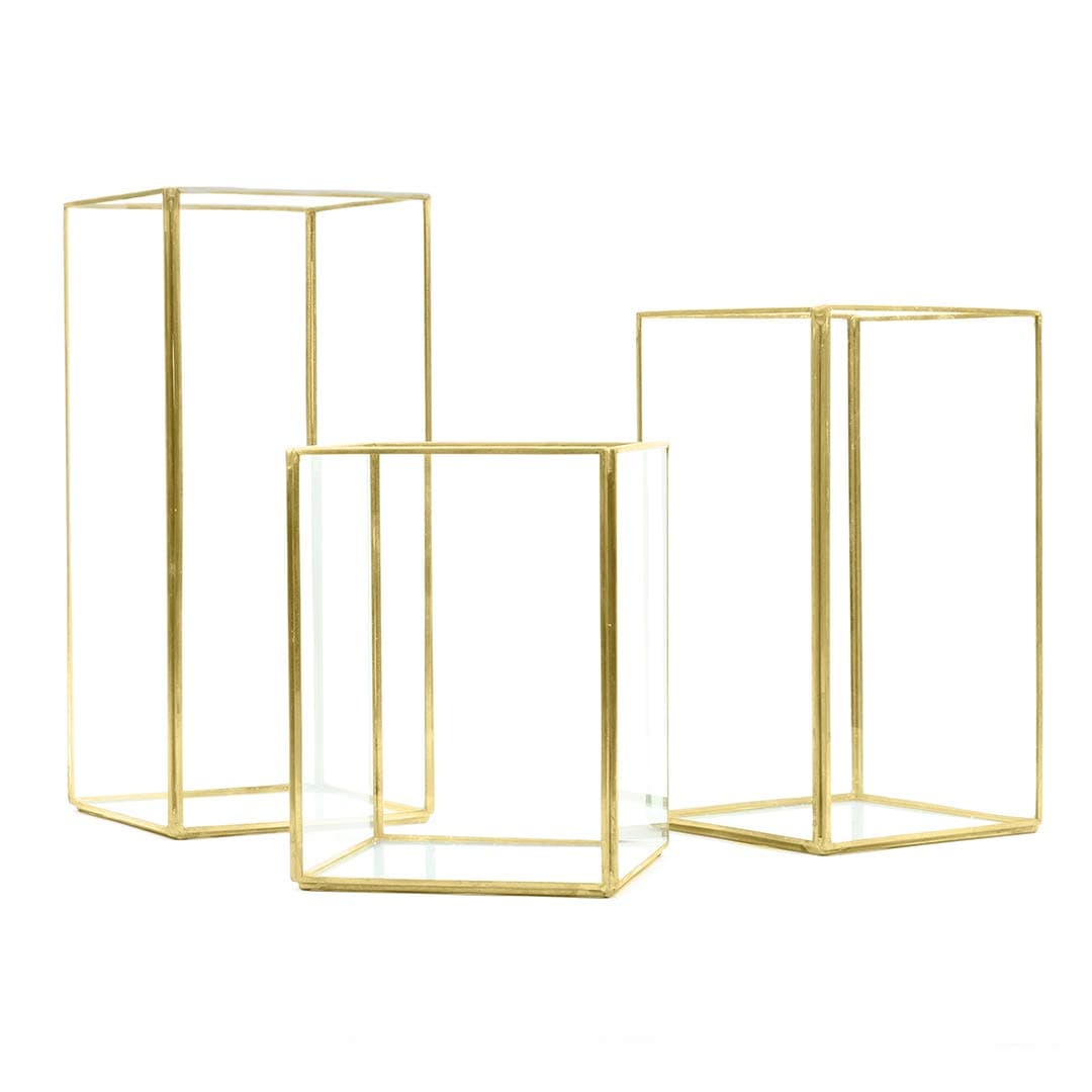 Koyal Wholesale Gold Geometric Candle Holders Glass Lanterns for Weddings, Events, and Table Décor, Modern Gold and Glass Terrarium Centerpieces for Candles, Flowers, or Plants Home Décor Set of 3