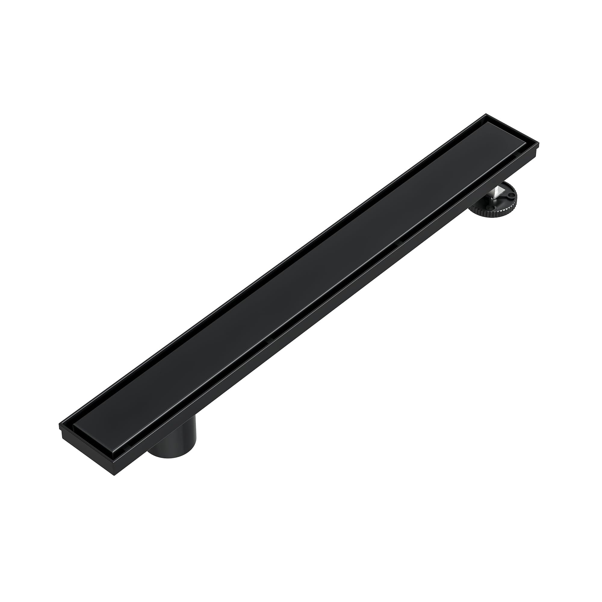 24-Inch Offset Linear Shower Drain with Tile Insert Grate Cover, 304 Stainless Steel Rectangle Side Outlet Shower Floor Drain, Adjustable Leveling Foot, Hair Strainer/Catcher, Matte Black