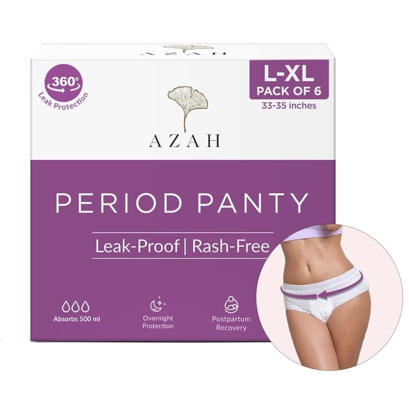 Azah Period Panty for Girls [L-XL, Pack of 6] | Leak Proof & Rash Free | Disposable Period Panty for Women Heavy Flow | 12 Hrs Protection | Super Absorbent 360° Coverage | All Night Protection