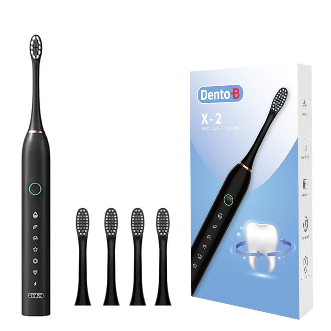 Adult X-2 Sonic Electric Toothbrush With 4 Brush Heads 6 Brushing Modes 42000 Vibrations Per Minute 2 Hours Charging Lasts Upto 60 Days Dupont Brush Head 1 Year Warranty (Black)