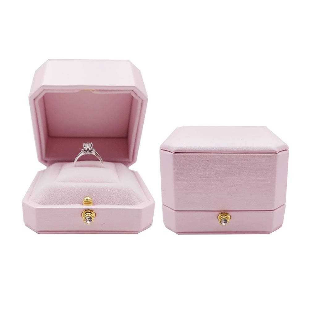 Pink Proposal Ring Box - Premium 8 Corner Design PU Leather Cover Soft Velvet Holder Wedding Ring Gift Box, Bling Press Button 3D Showcase Ring Storage Organizer Elegant Case (Single)