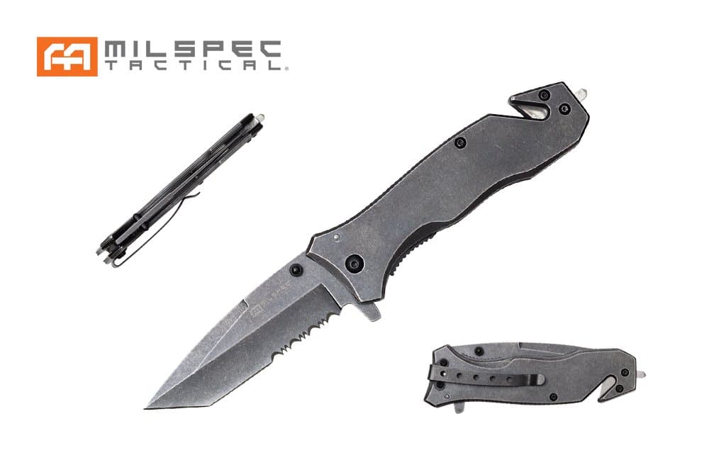 YC-S-10130 8-Inch Stonewash Spring Assist Cord Cutter/Glass Breaker/Pocket Knife with Serrated Blade