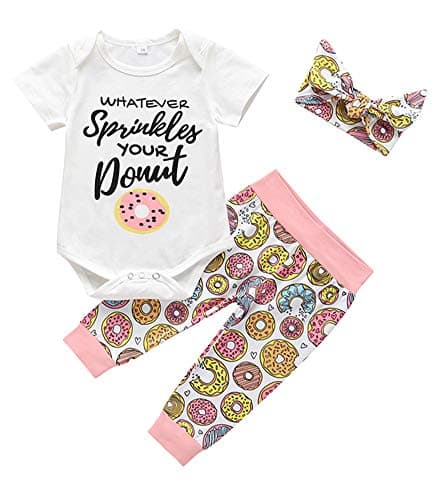 3Pcs Infant Baby Girl Romper Donut Pants Bowknot Headband Outfit Clothes Set White