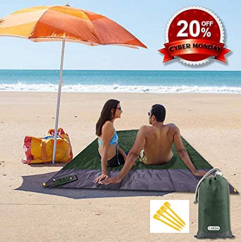 Outdoor Beach Blanket - Sand Free Compact Pocket Blanket - Portable Waterproof Sand Proof Picnic Blanket Mat with 4 Stakes Build in a Bag Oversized 55" x 79”inches for Travel, Quick Drying Nylon