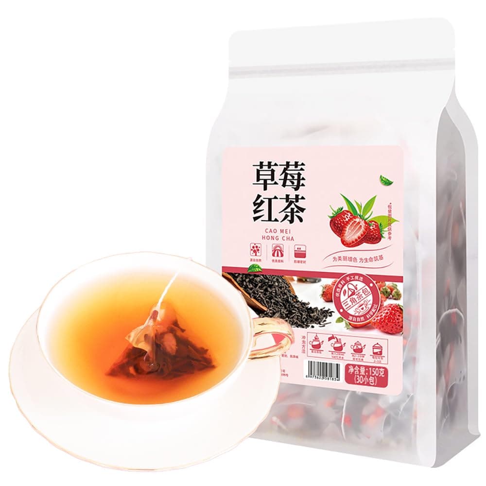 Plant Gift 30 Cups Strawberry Black Tea Bag (草莓红茶 CAO MEI HONG CHA) 5.29oz (5g*30bags/150g) Black Tea，Dried Strawberries, Natural Mixed Herbal Combination of Floral Tea