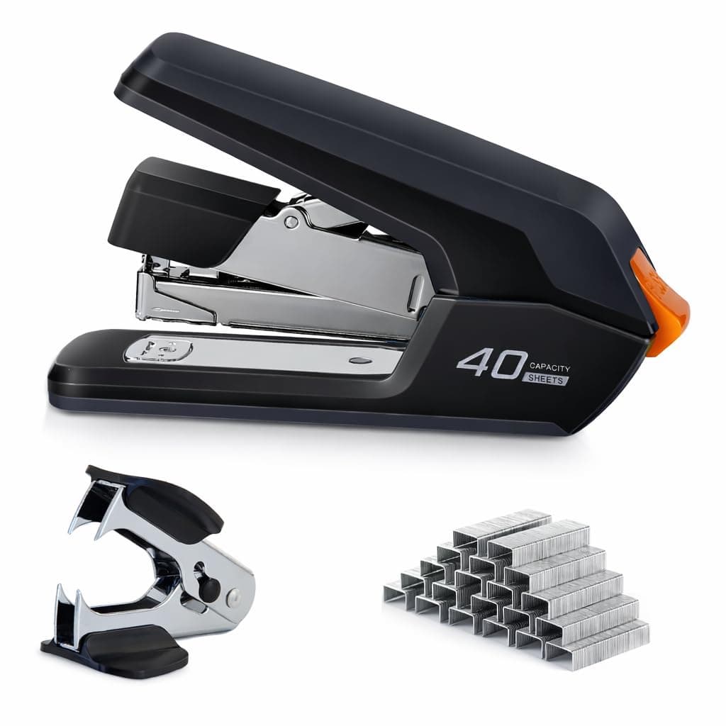 Deli Effortless Desktop Stapler, 40 Sheet Capacity, One Finger Touch Stapling, Easy to Load Ergonomic Heavy Duty Stapler, Includes 1500 Staples and Staple Remover