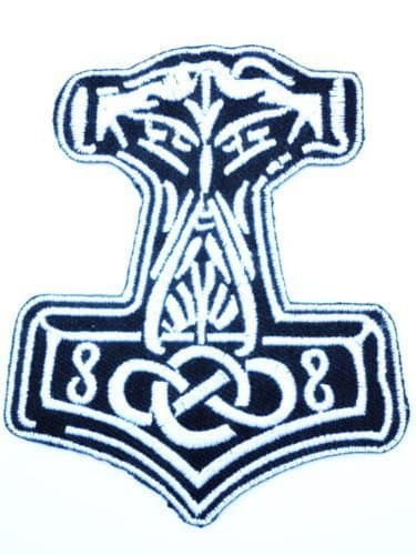 Mjolnir Viking Thor Hammer Loki Odin Skins Patch 7cm(w) X 8.2cm(h) (White on Black) Patch Embroidered Iron on Hat Jacket Hoodie Backpack Ideal for Gift