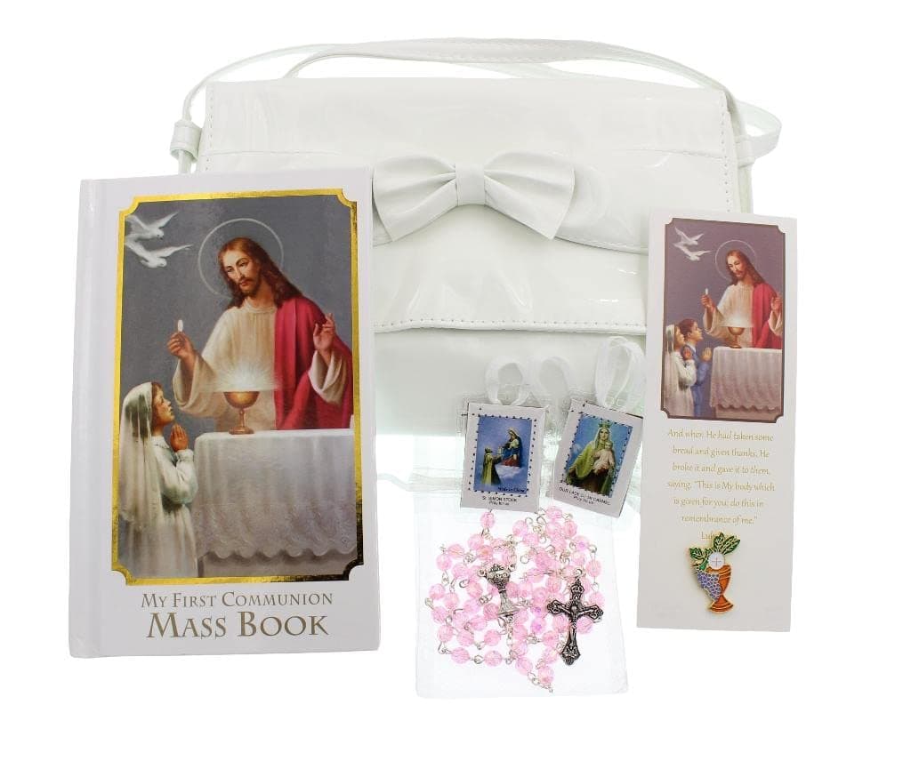 Girl First Communion Gift Set Purse, Missal, Rosary and Pouch, Scapular, Chalice Pin, Gift Box