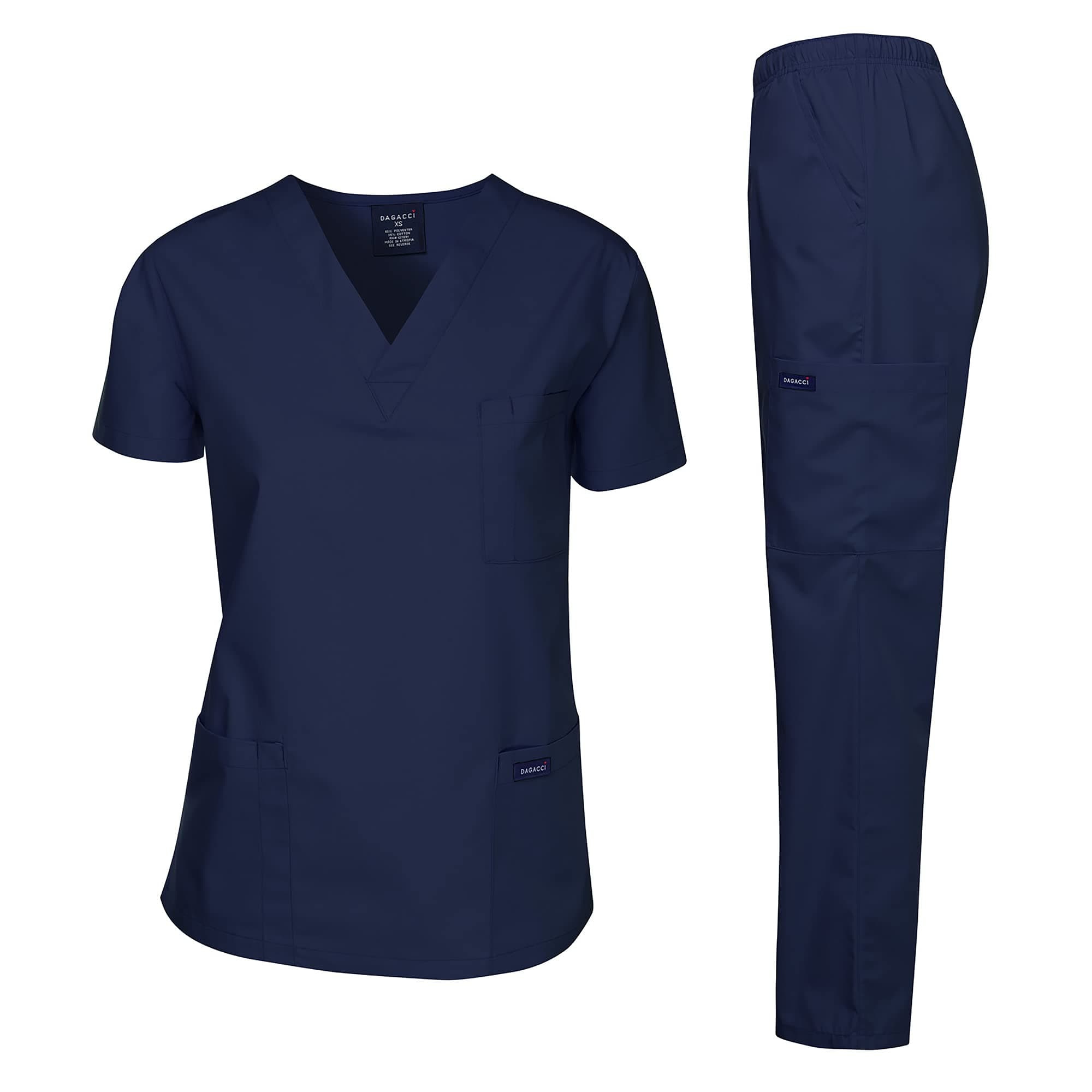 Dagacci Scrubs Medical Uniform Women and Man Scrubs Set Medical Scrubs Top and Pants, Navy, L