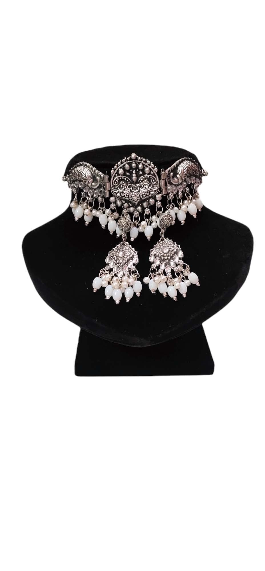 Total Fashion Afghani Oxidised Silver White Bead Stone Choker Necklace Set for Women & Girls