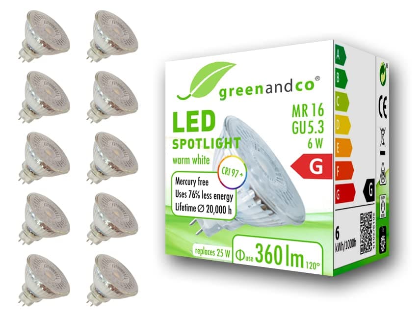 greenandco® CRI 97+ 2700K 110° LED spot Replaces 25 Watt GU5.3 MR16 Halogen Spotlight, 6W 360 Lumen Warm White 12V AC/DC, not dimmable, 10-Pack [Energy Class G]