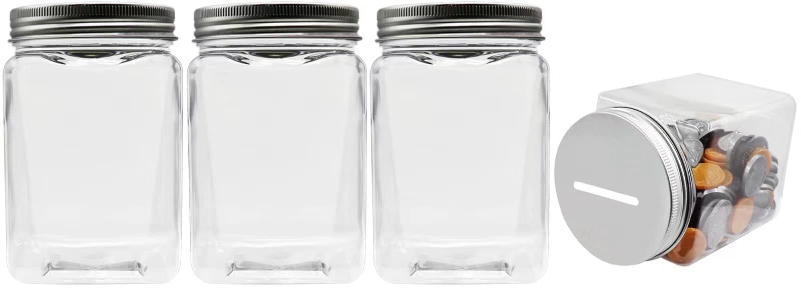 Small Coin Bank Jars 4-Pack, 16oz Clear Plastic Coin Money Tip Coin Mason Jars with Silver Slotted Lids, Small Transparent Plastic Coin Money Piggy Banks Jars for Adults Teens Kids Girls Boys