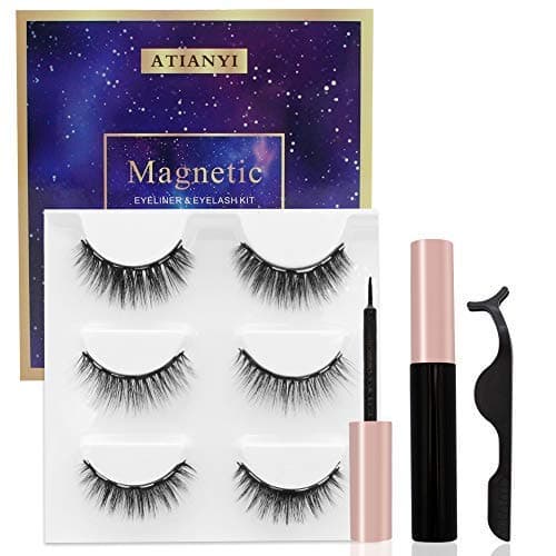 Magnetic Eyelashes and Eyeliner Kit,Upgraded 3D Reusable False Eyelashes Natural Look with Applicator, No Glue Needed,3 Pairs