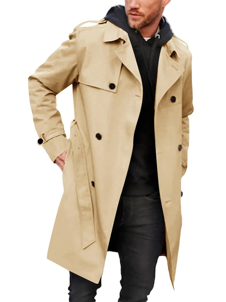 Mens Trench Coat Slim Fit Double Breasted Long Jacket Notched Lapel Belt Fall Windproof Coat