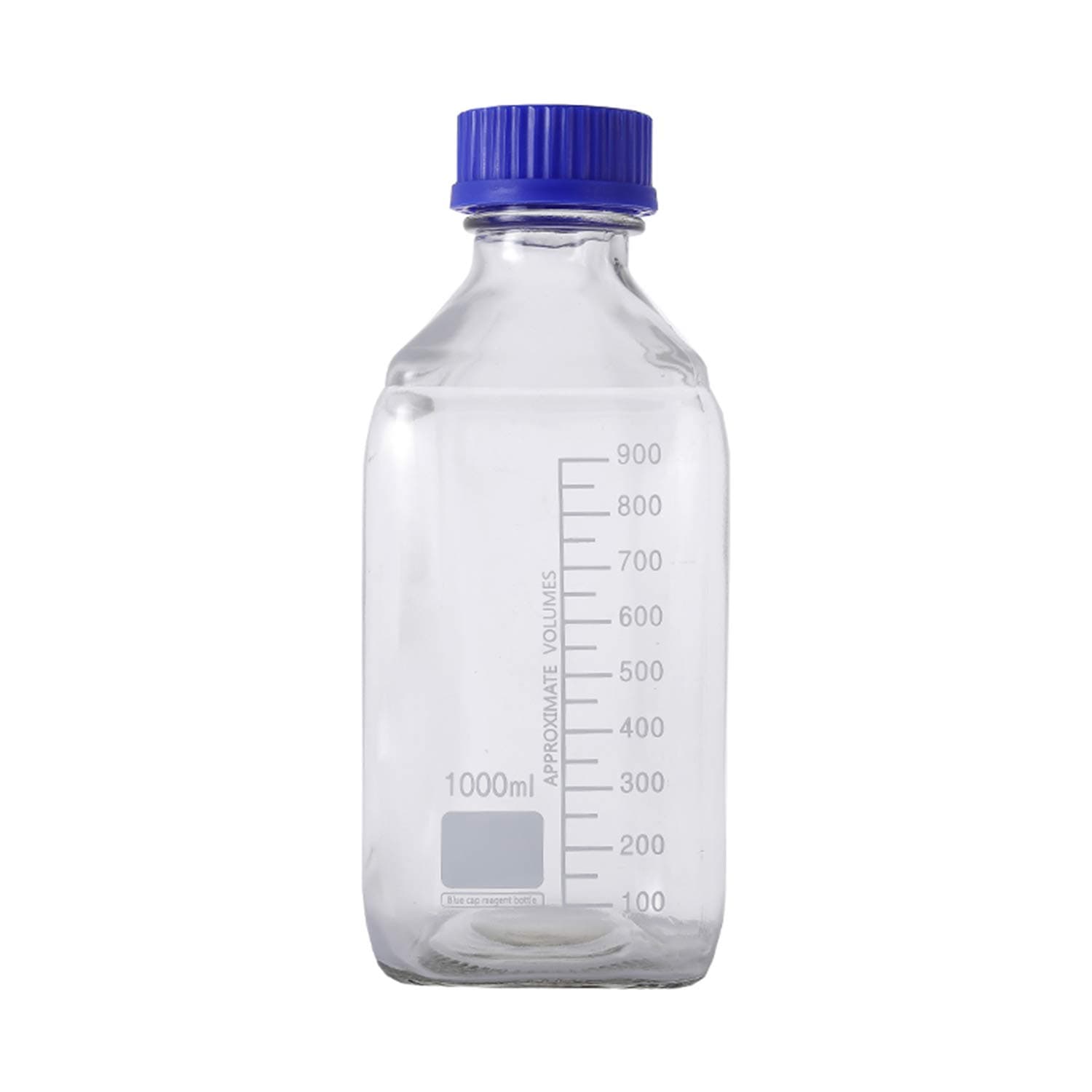 4 Pack 1000 mL Graduated Square Reagent Media/Storage Glass Bottle With GL45 Blue Polypropylene Screw Cap