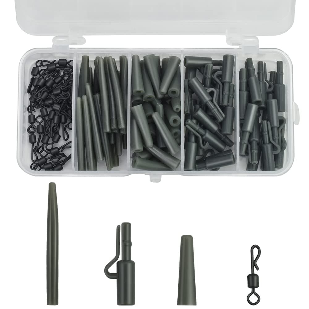 KLYNGTSK 120 PCS Carf Fishing Accessories Set Plastic Carp Lead Clip Set Anti Tangle Sleeves Quick Change Swivels with Storage Box Carps Fishings Tackle Kit for Fishings Carp Coarse Fishinges