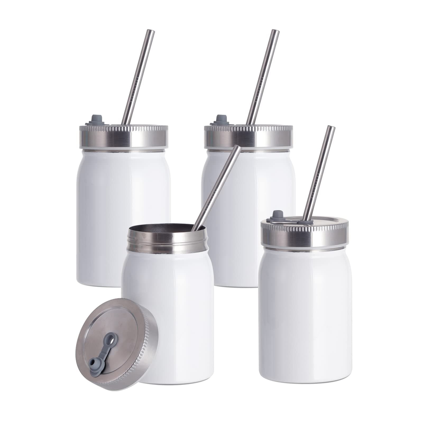PYD Life Blanks Mason Jar 17 OZ Wide Mouth White Stainless Steel Tumbler with Lid and Metal Straw for Cricut Mug Press Machine Sublimation Print 4 Pack