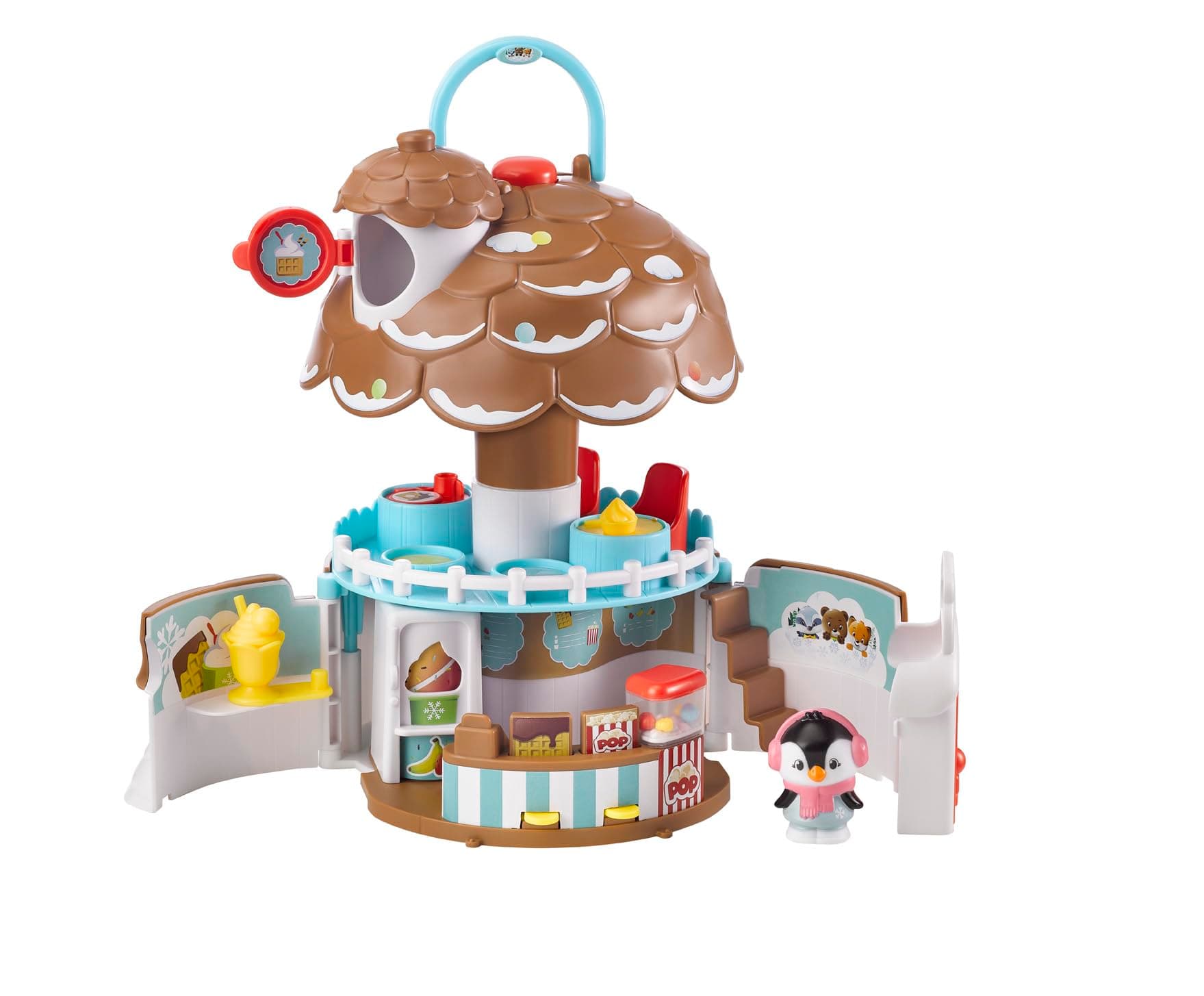 Timber Tots: The Pine Cone Snack Bar - 5pc Dessert Toy Playset, Penguin Animal Figurine, Open & Reveal Treats Shop, Pop-Up Feature, Kids-Toddler 18Mo+