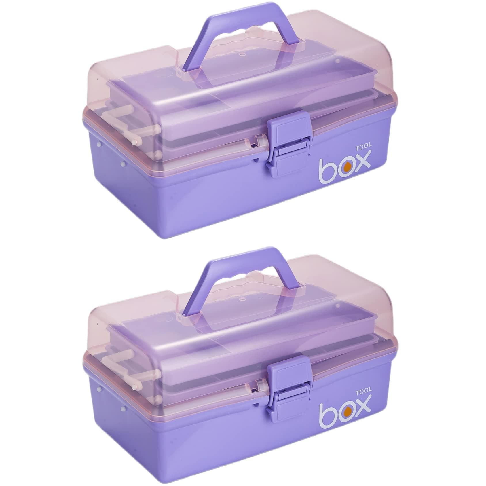 2PCS 12'' Three-Layer Clear Plastic Home Storage Boxes, Multipurpose Organizer and Portable Handled Storage Case for Art Craft and Cosmetic (Purple)