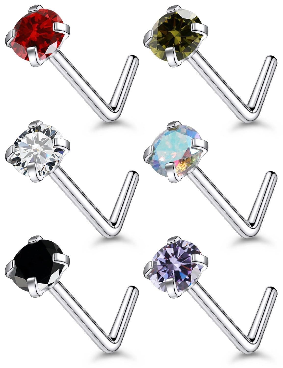 6PCS 20g L Shape Multicolour Stainless Steel Nose Stud clear jewel cubic zirconia nose studs Tragus Earring Bars Set Unisex Women Men 1.8mm Clear stone