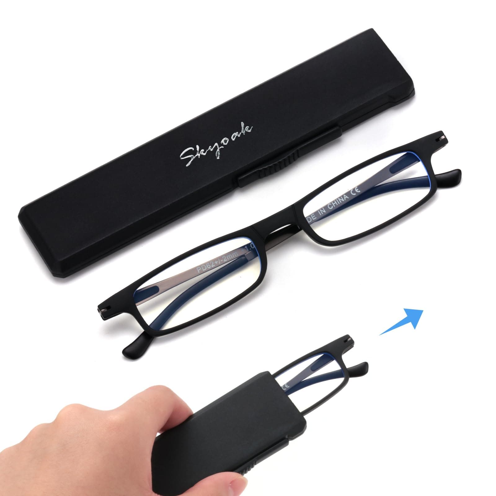 SKYOAK Ultra thin Lightweight Folding Reading Glasses Women Men TR90 Blue Light Blocking Anti UV/Eyestrain Foldable Compact Computer Readers Portable Unique Stretchable Slim Flat case Black +1.5