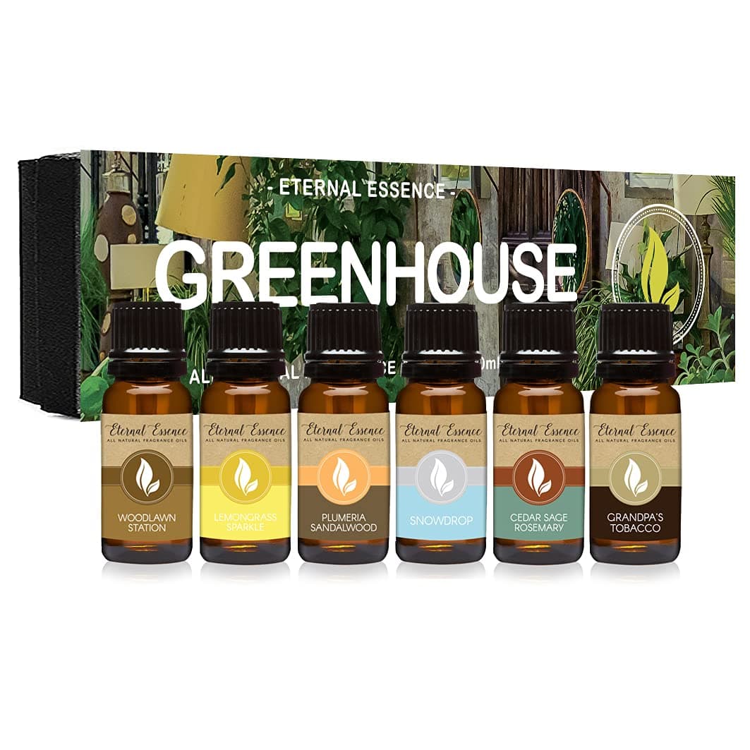 Green House - Gift Set of 6 All Natural Fragrance Oils - Plumeria Sandalwood, Lemongrass Sparkle, Woodlawn Station, Grandpa's Tobacco, Snowdrop and Cedar Sage Rosemary - 10ML